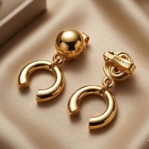 Vintage Nina Ricci Gold Clip On Earrings 80s-90s Dangling C Orb Designer Rare